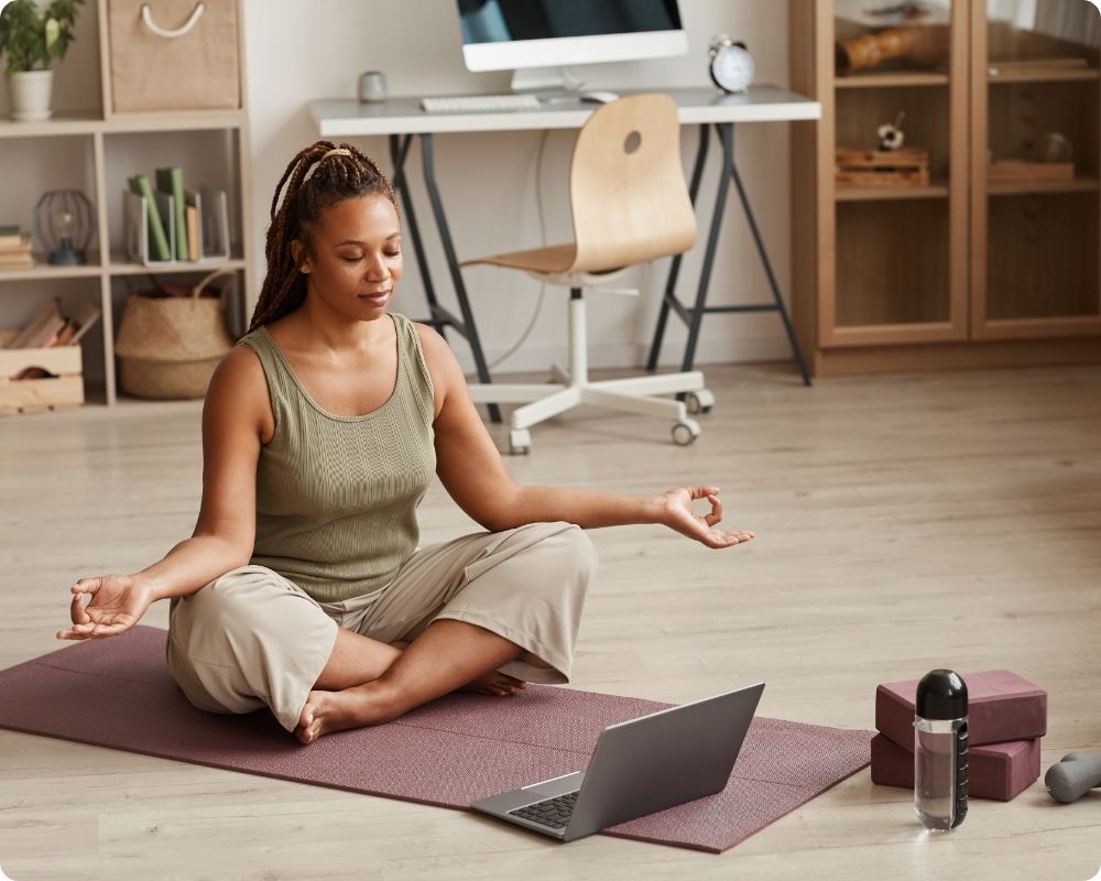 Image of a busy nurse doing easy yoga.