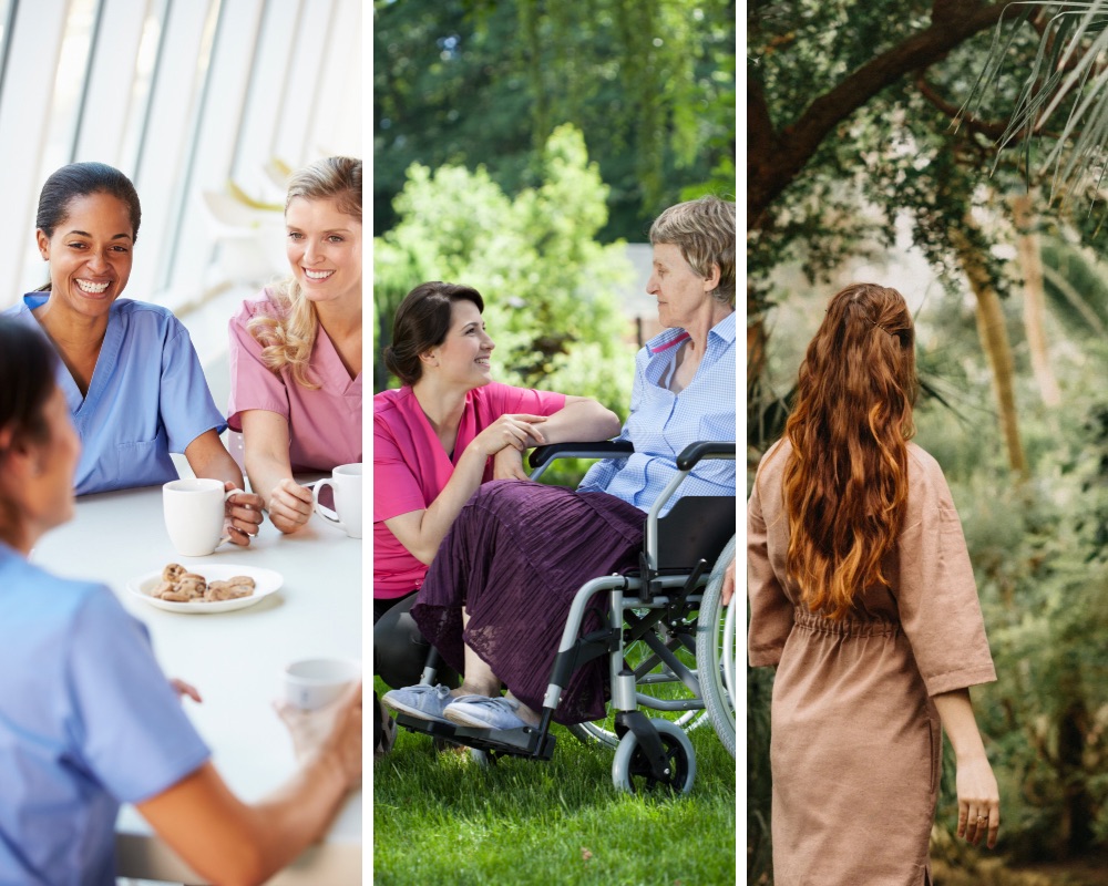 Images showing a nurse practicing self-care in nursing.