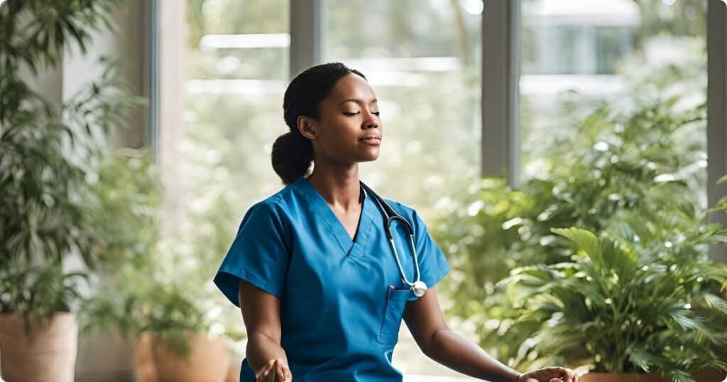 A nurse sitting peacefully in meditation while still in scrubs. She is taking a moment of self-care during a busy holiday shift.