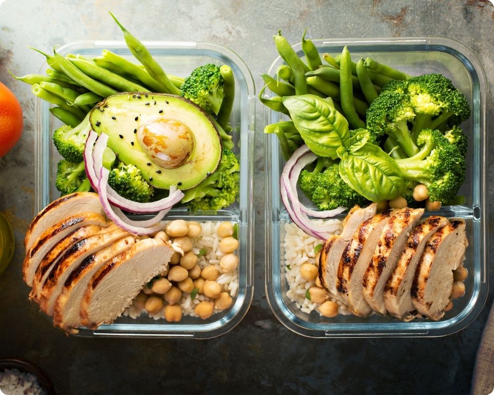 Glass Containers with prepared meals. Meal Prep Basics for Nurses.