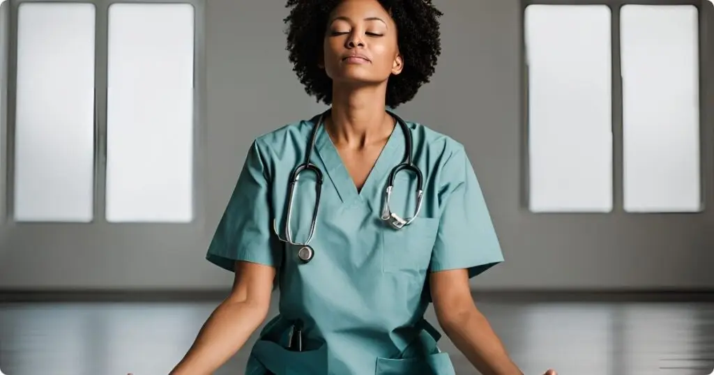 Close up of a nurse in a relaxed meditation pose.