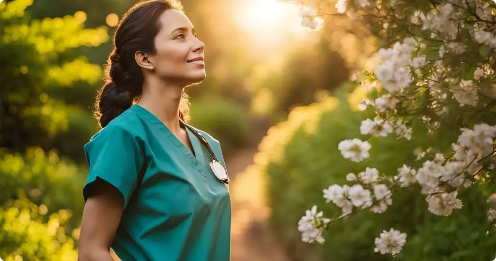 A nurse outdoors, reflecting on nature.