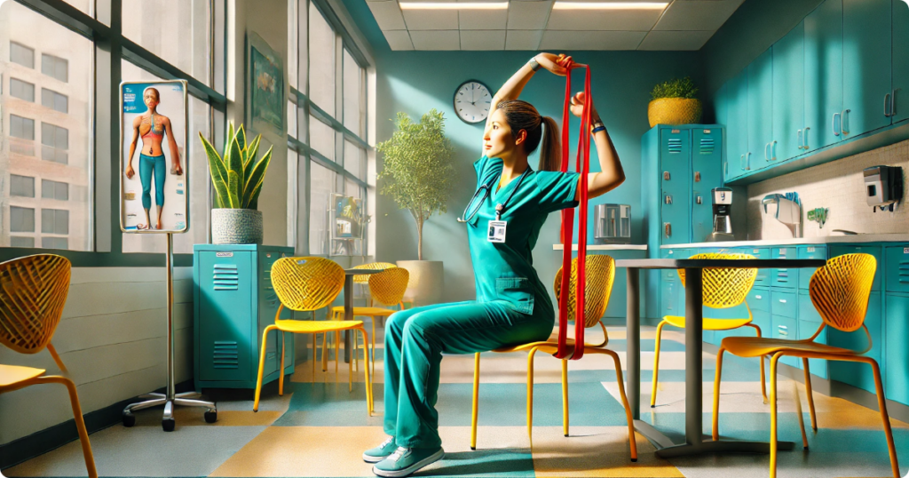 A nurse performing shoulder press with a resistance band in the break room.