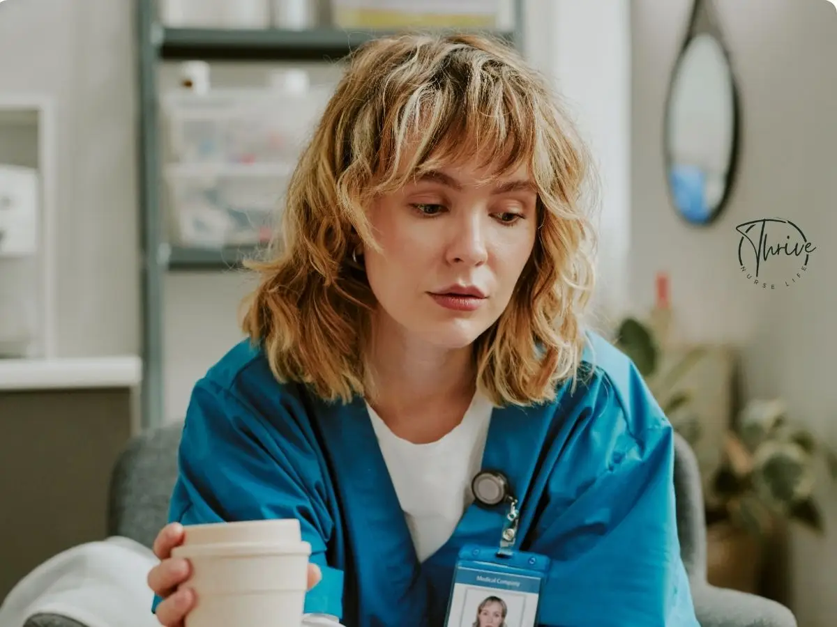 A nurse sitting in a hospital break room, staring into space with an exhausted, haunted expression, symbolizing emotional fatigue.