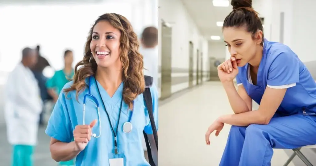 A nurse showing happiness and joy, interacting with others, another nurse is emotionally disengaged, highlighting the shift from empathy to detachment.