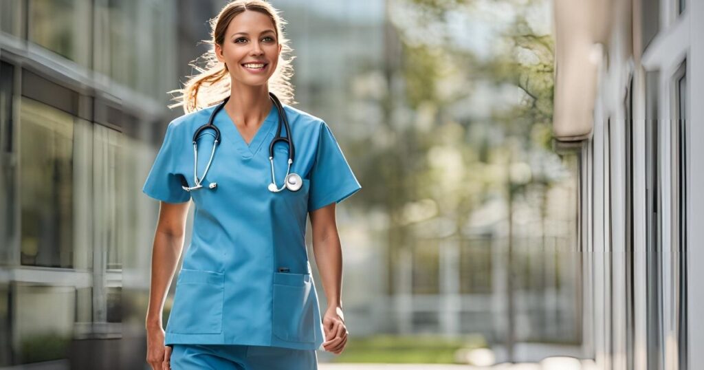 A nurse walking away from the hospital at the end of her shift, shoulders relaxed, symbolizing relief and emotional balance.